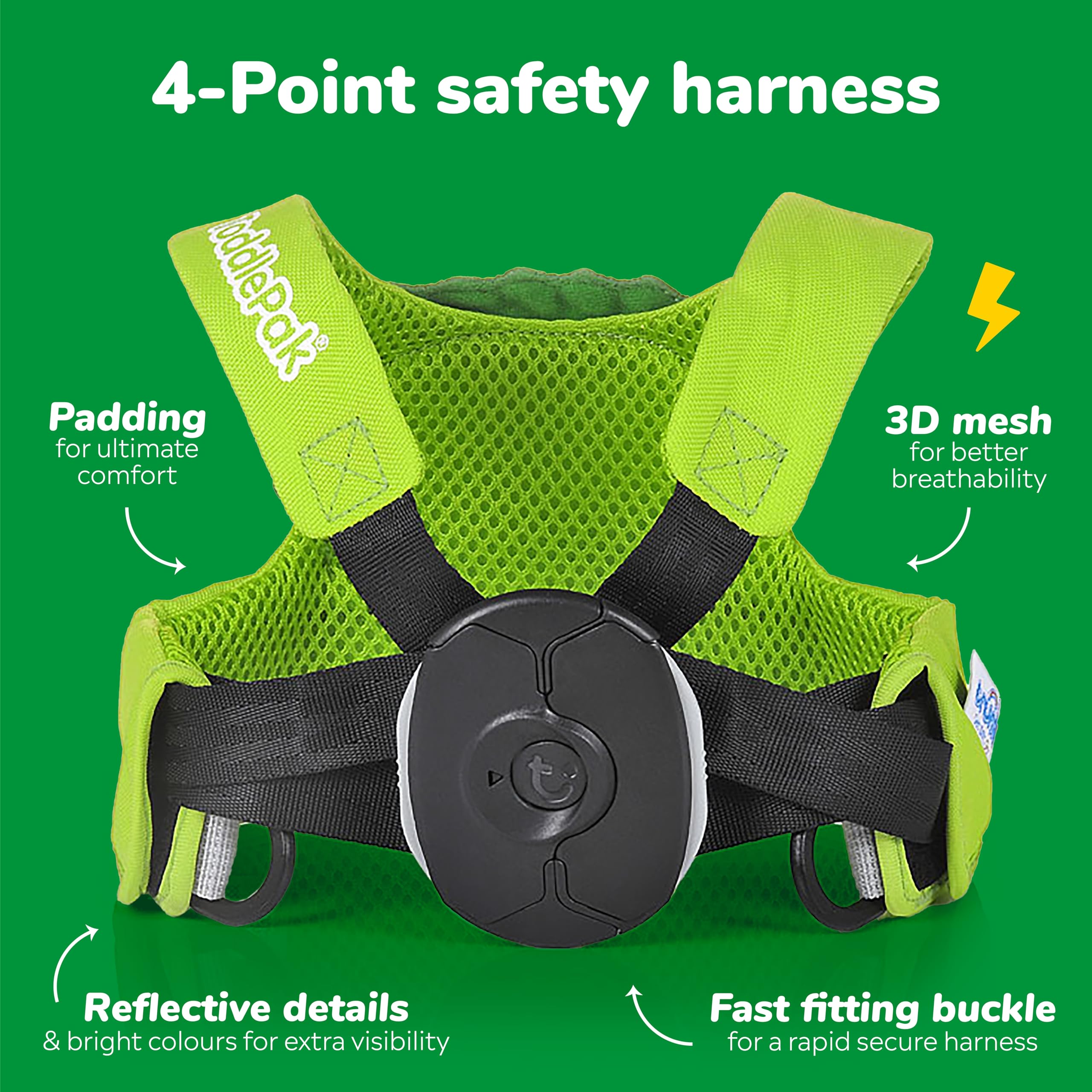Trunki Dudley Dinosaur Green back-clip keeps straps tidy and easy to remove.