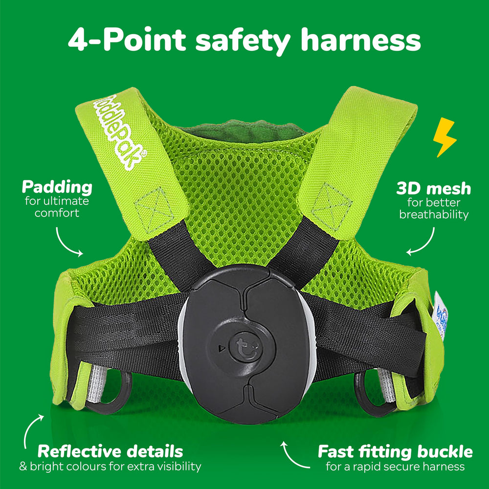 Trunki Dudley Dinosaur Green back-clip keeps straps tidy and easy to remove.