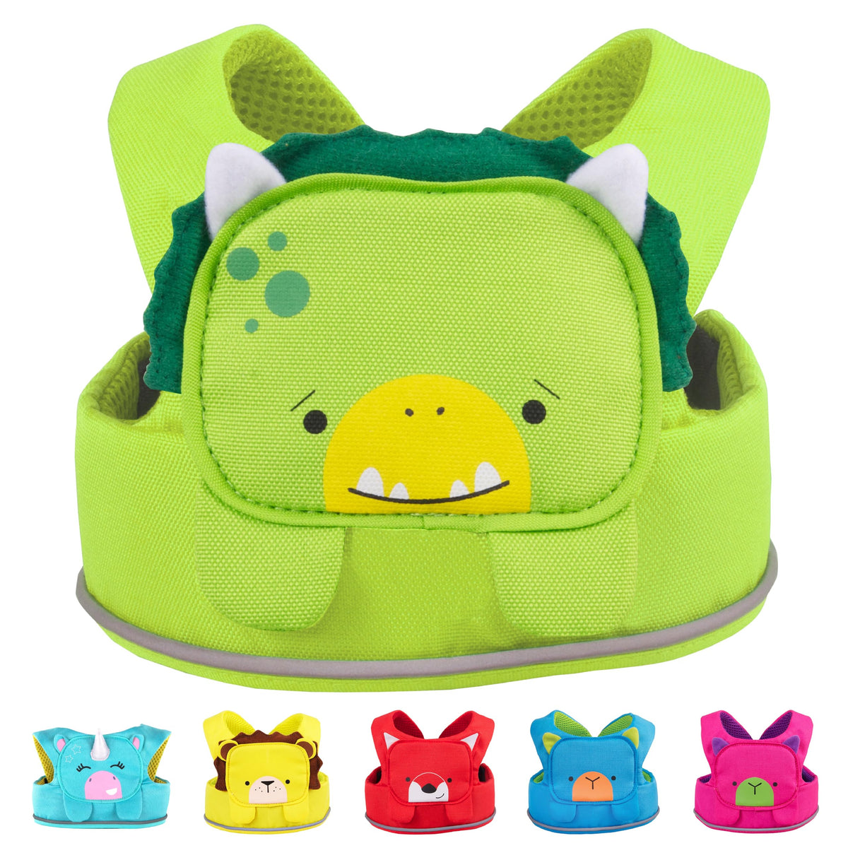 Trunki Dudley Dinosaur Green front-fastening harness for quick, secure toddler outings.