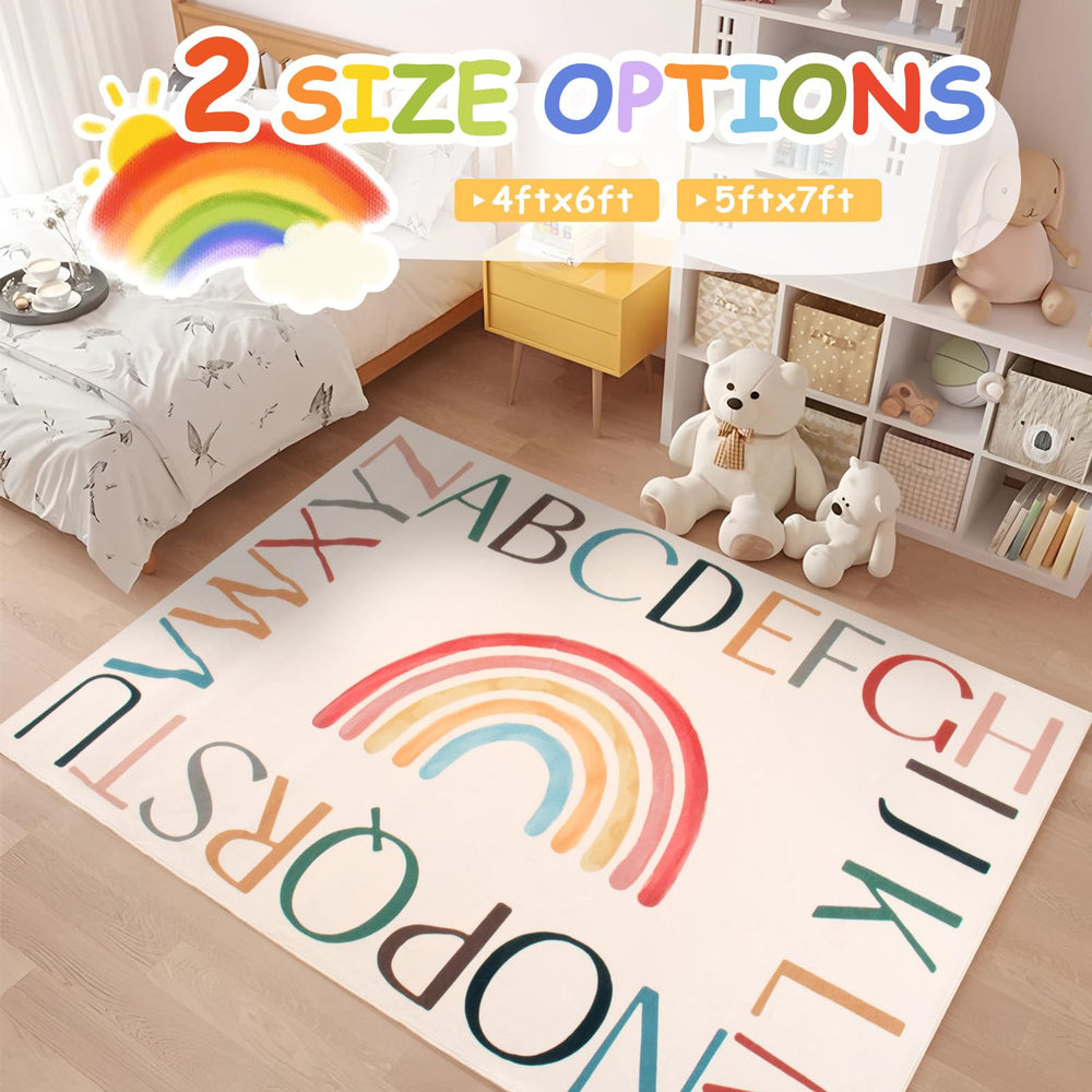 Truqual alphabet rug with letters and rainbow supports early literacy at home.