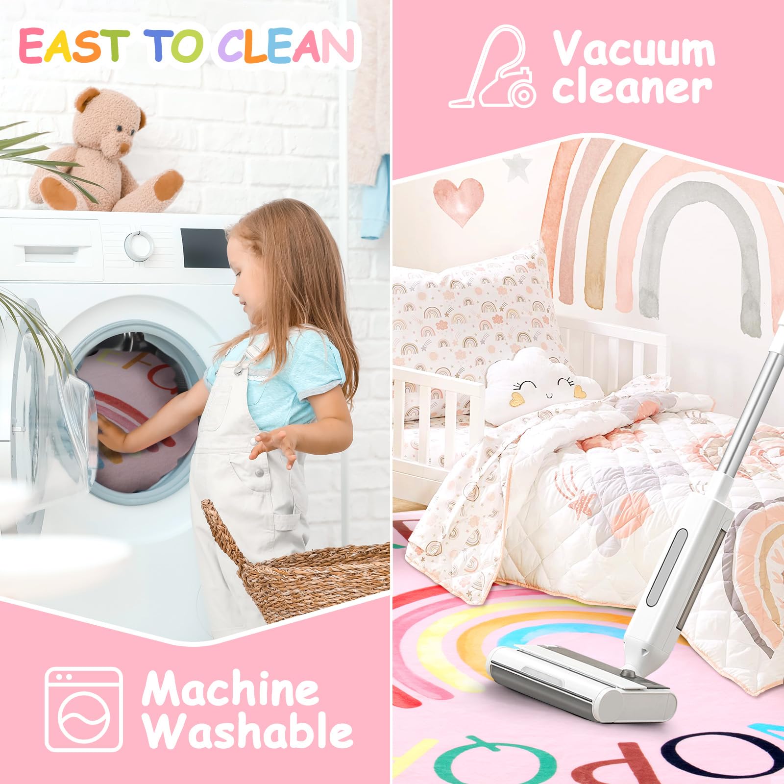 Truqual easy-clean stain-resistant rug keeps playrooms looking fresh and inviting.