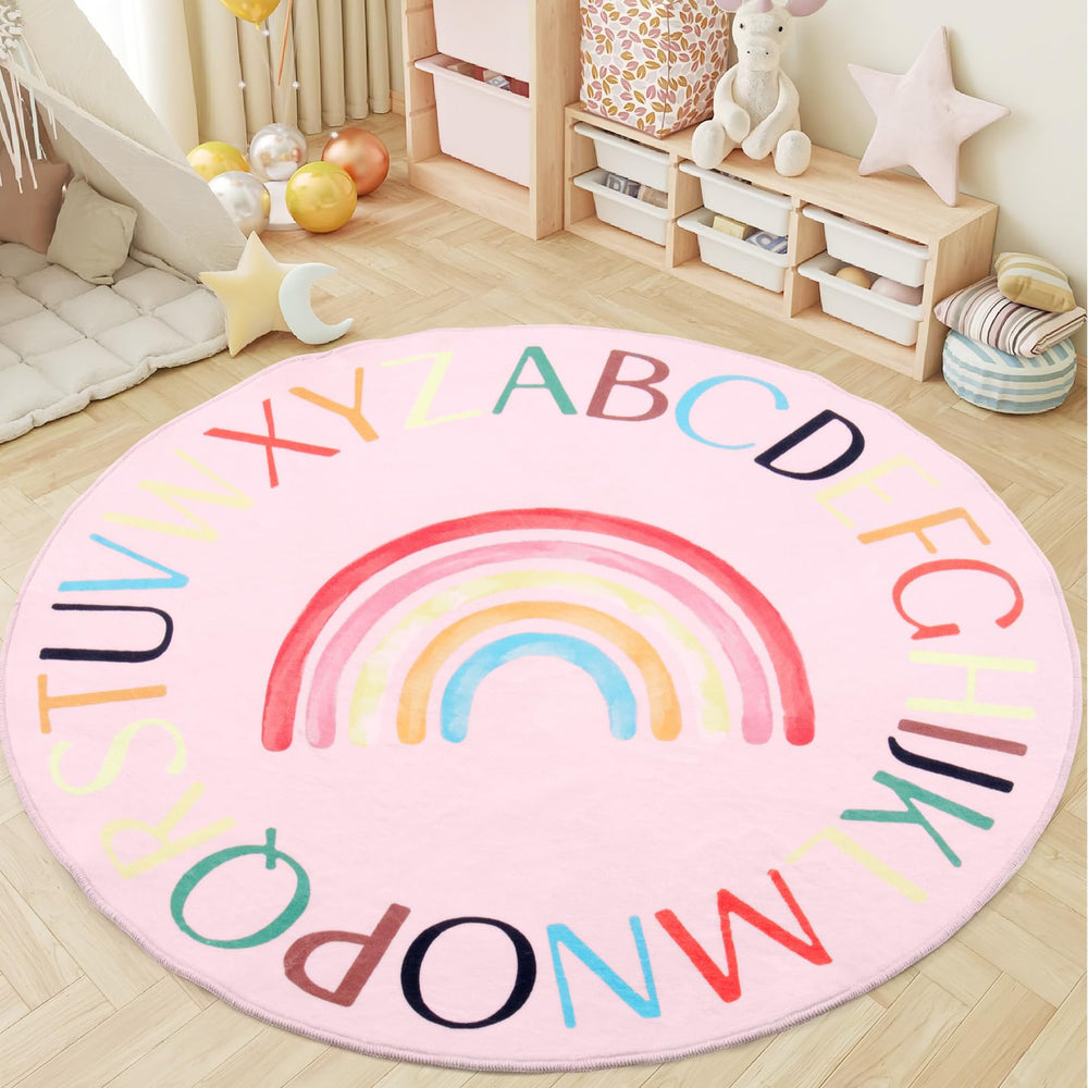 Truqual nursery rug round rainbow classroom with non-slip backing for safe, cozy play.