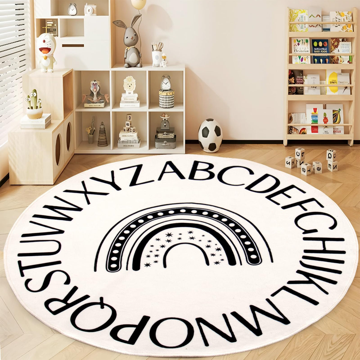 Truqual Nursery Round Rainbow Rug with soft surface and non-slip backing for safe toddler play.