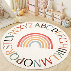 Truqual Nursery Rug round rainbow design promotes playful learning.