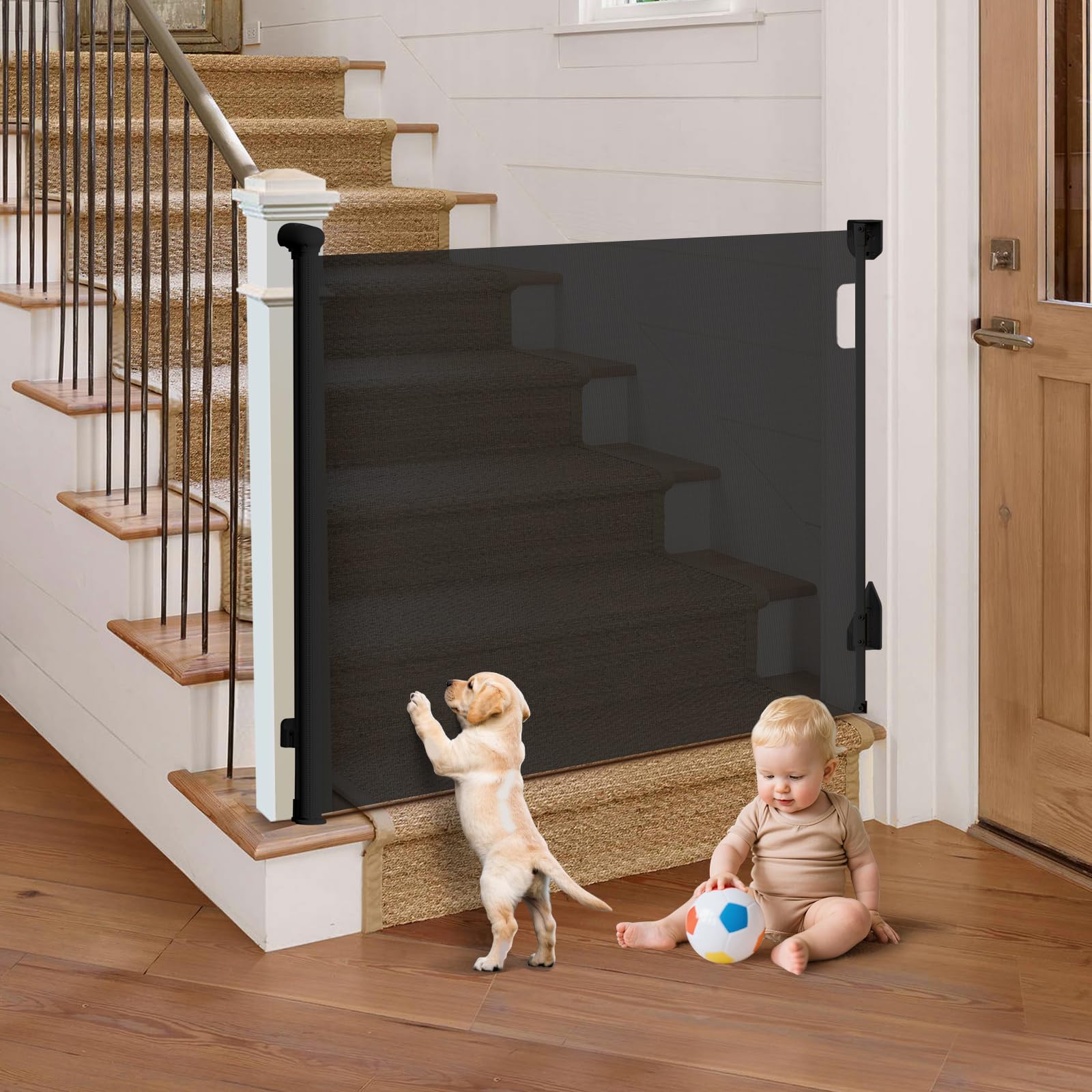 TrusTot retractable gate on stairs, 55-inch wide, for versatile stair safety.