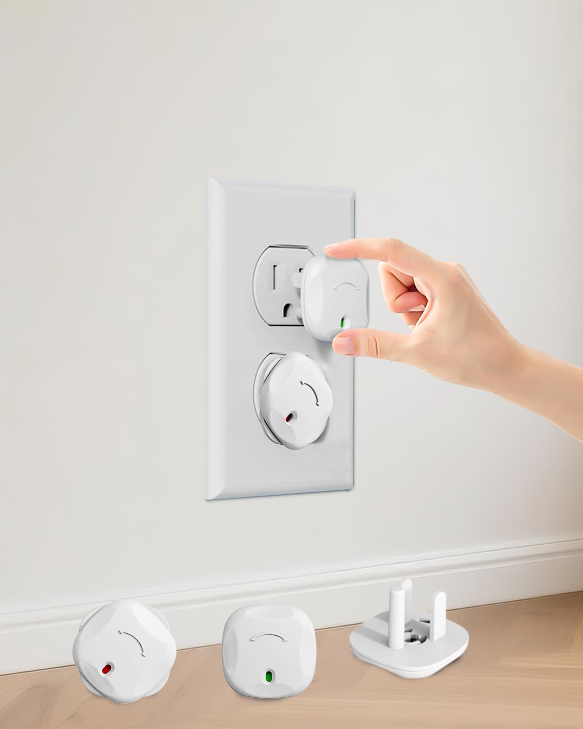 TrusTot outlet covers with rotating unlock design for easy removal by adults.
