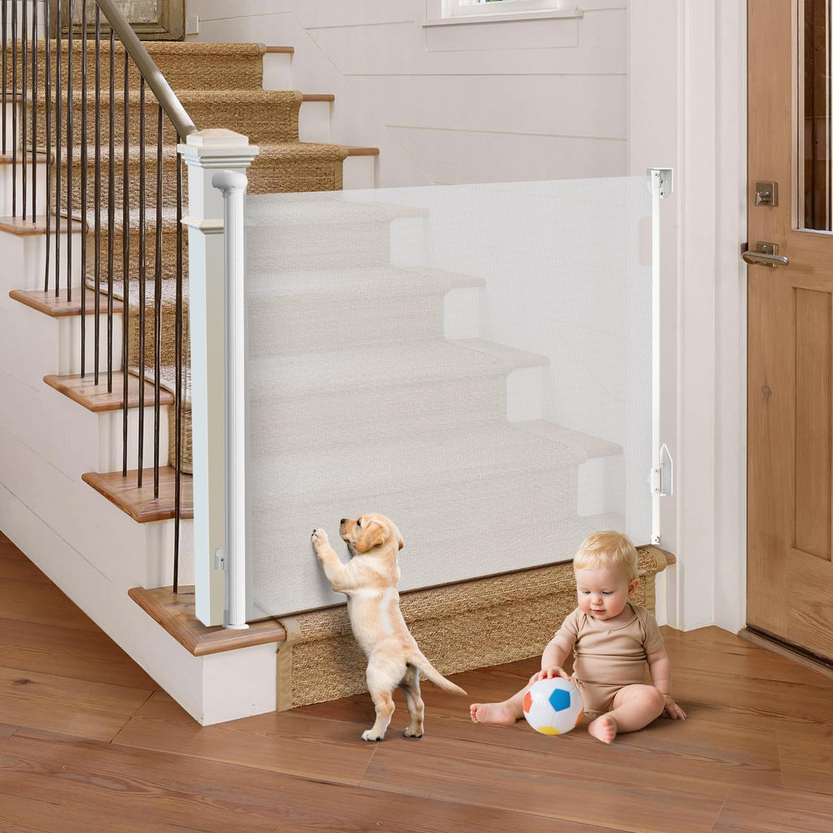 TrusTot retractable gate on stairs offers wide, secure coverage for busy households.