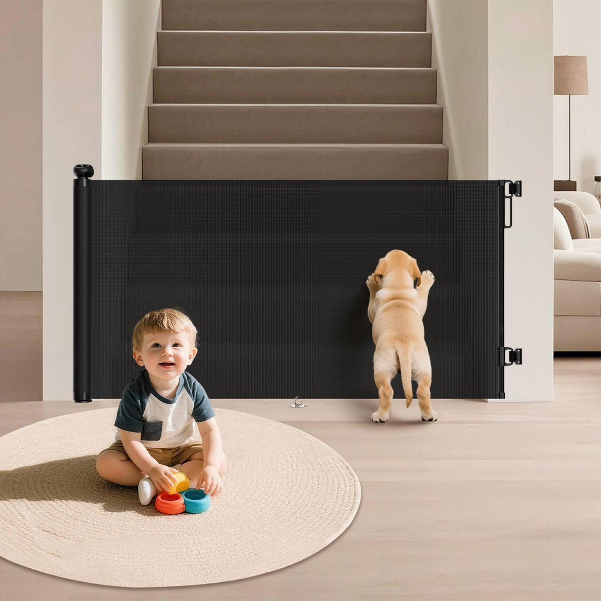 TrusTot retractable gate at 55 wide and 34 tall protects babies and pets.