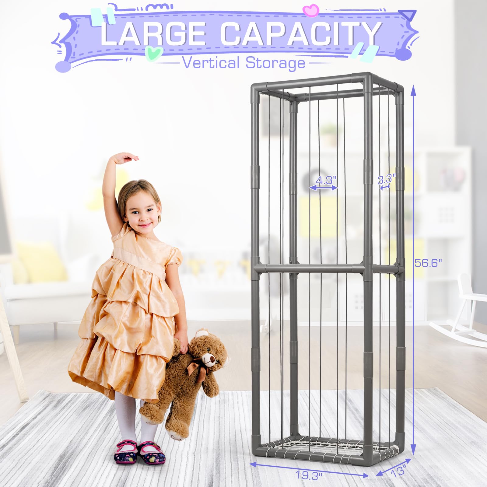 Trycooling PVC material and elastic band close-up shows durable, stable toy storage.