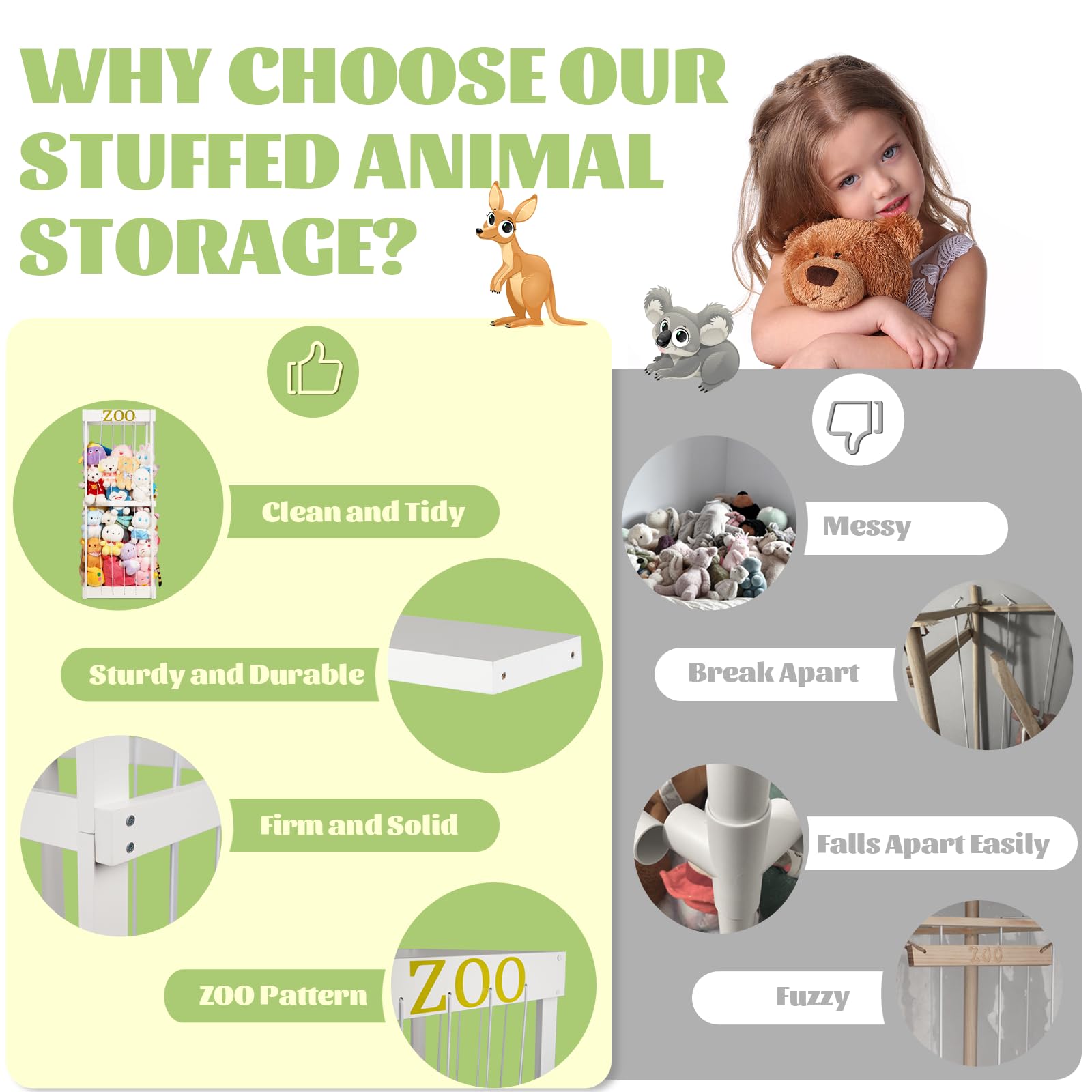 Trycooling stuffed animal zoo wood storage close-up detail highlights durable wood.