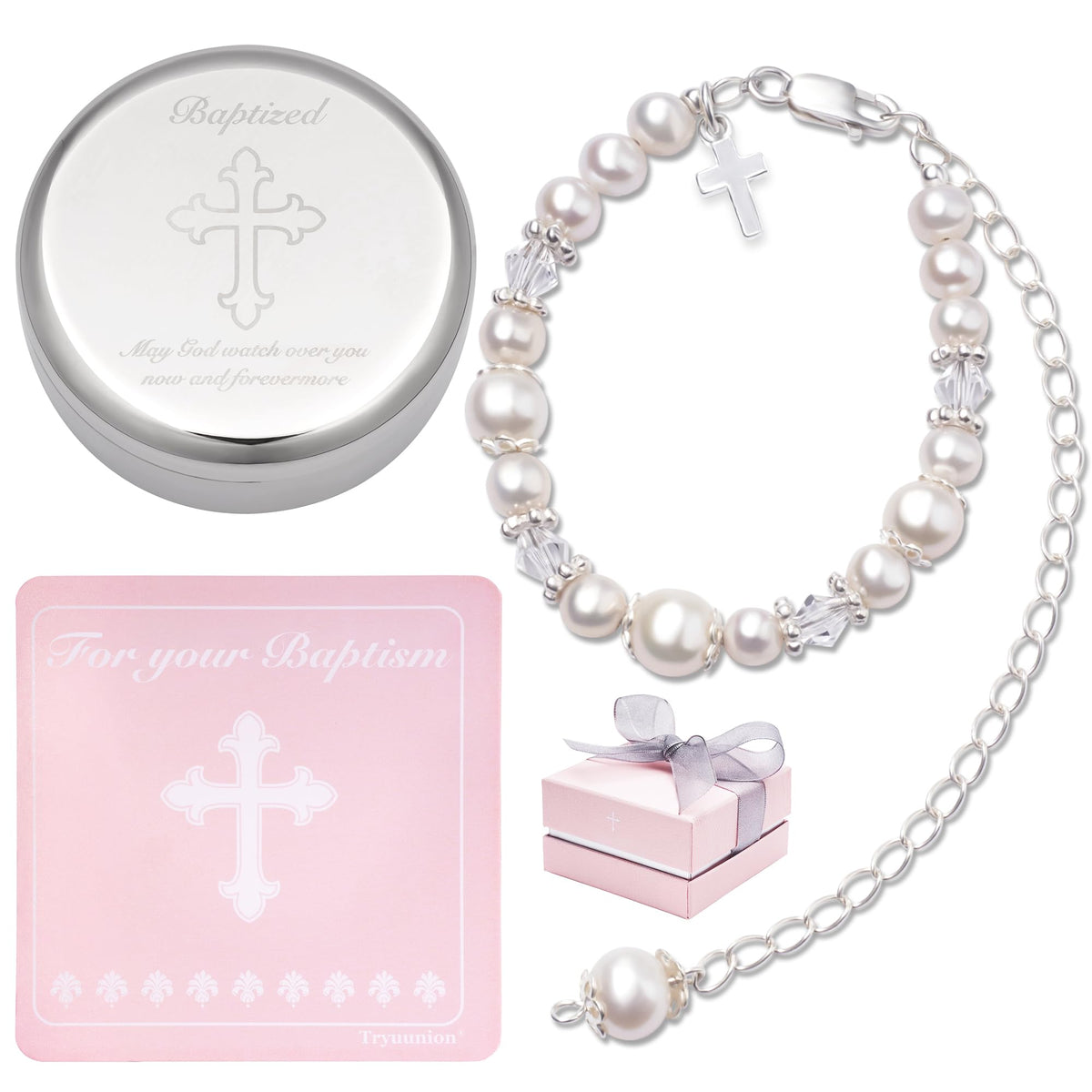 Tryuunion baptism bracelet in sterling silver and cultured pearls for a timeless ceremony keepsake