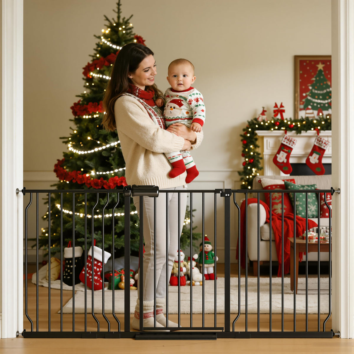 TSAYAWA baby gate with walk-through door for easy, hands-free passage