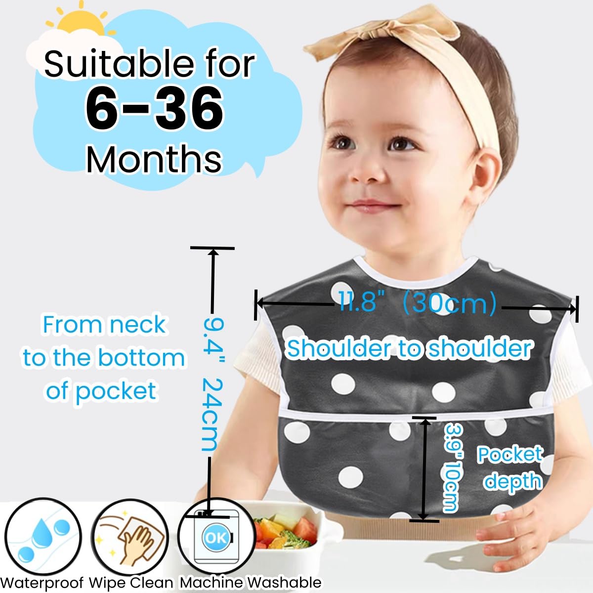 TSD easy-care machine-washable bib dries quickly after messes.