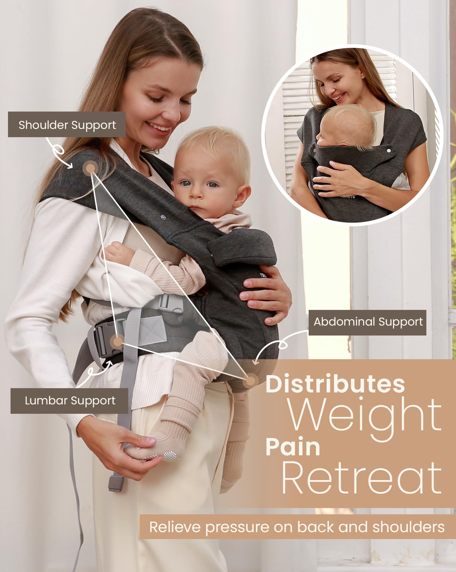 TSRETE Baby Carrier in face-in position for snug baby contact.