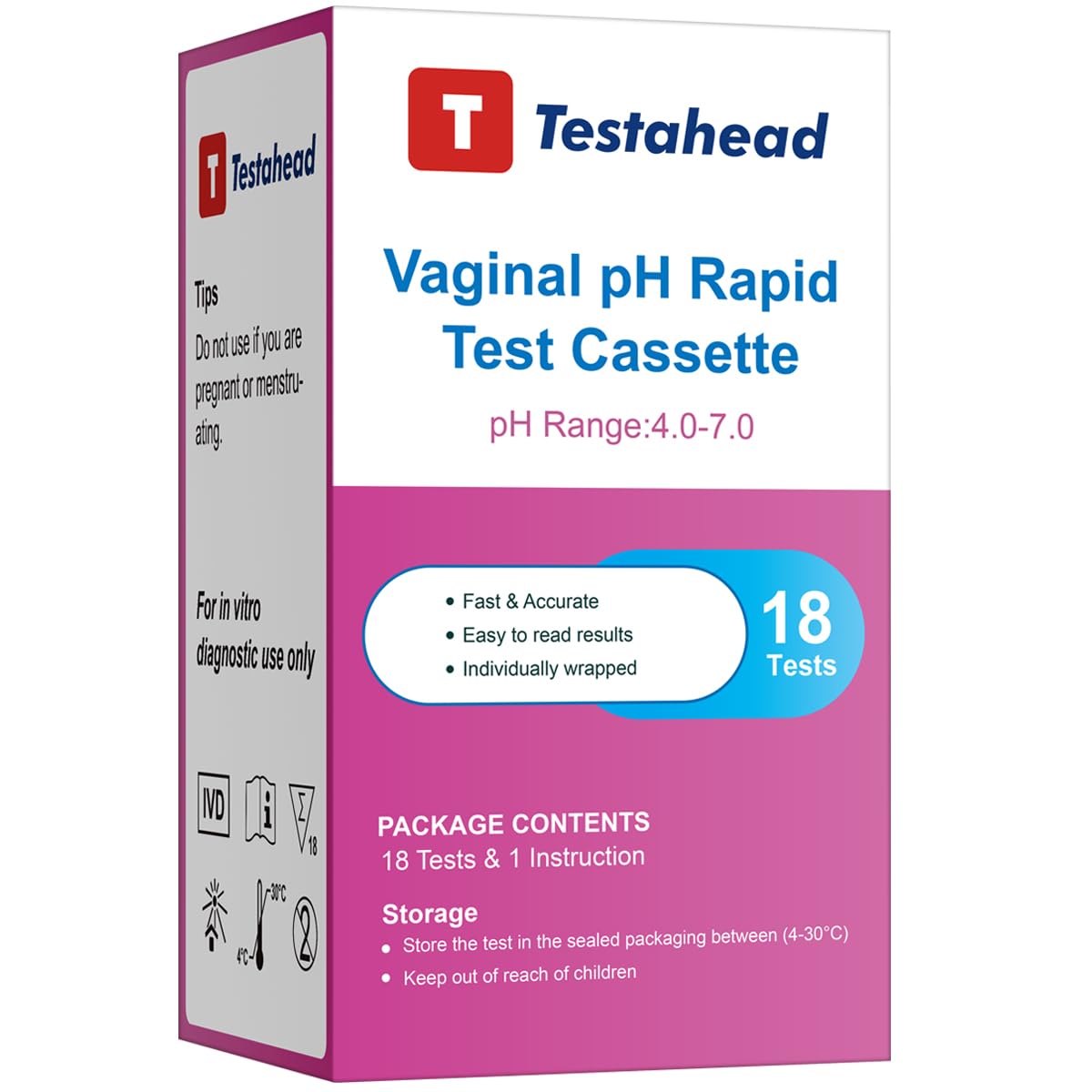 T TESTAHEAD vaginal pH test strips in an 18-count pack for home monitoring.