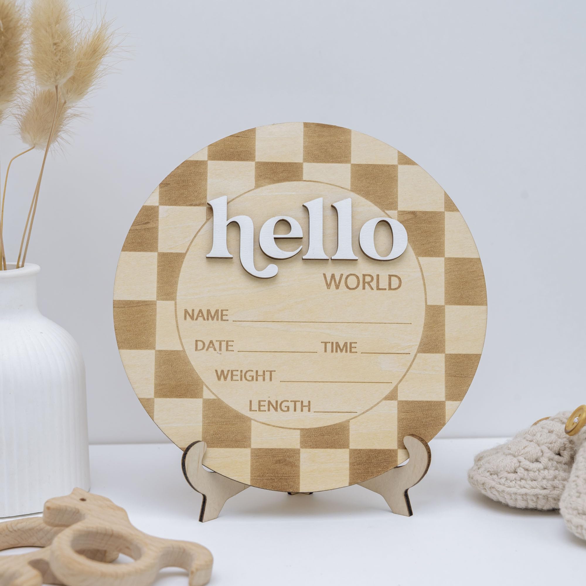 TTMerriwood Hello World baby announcement sign on checkered wood, ideal for newborn photos