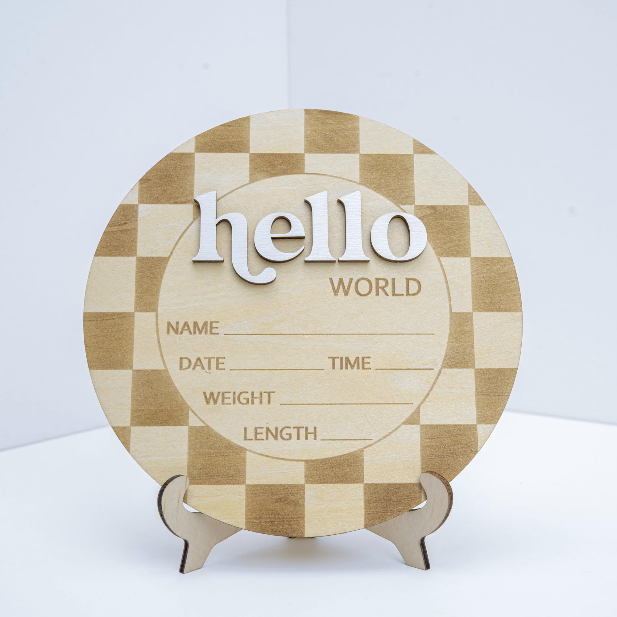 TTMerriwood birth-name sign in checkered wood for nursery decor and keepsakes