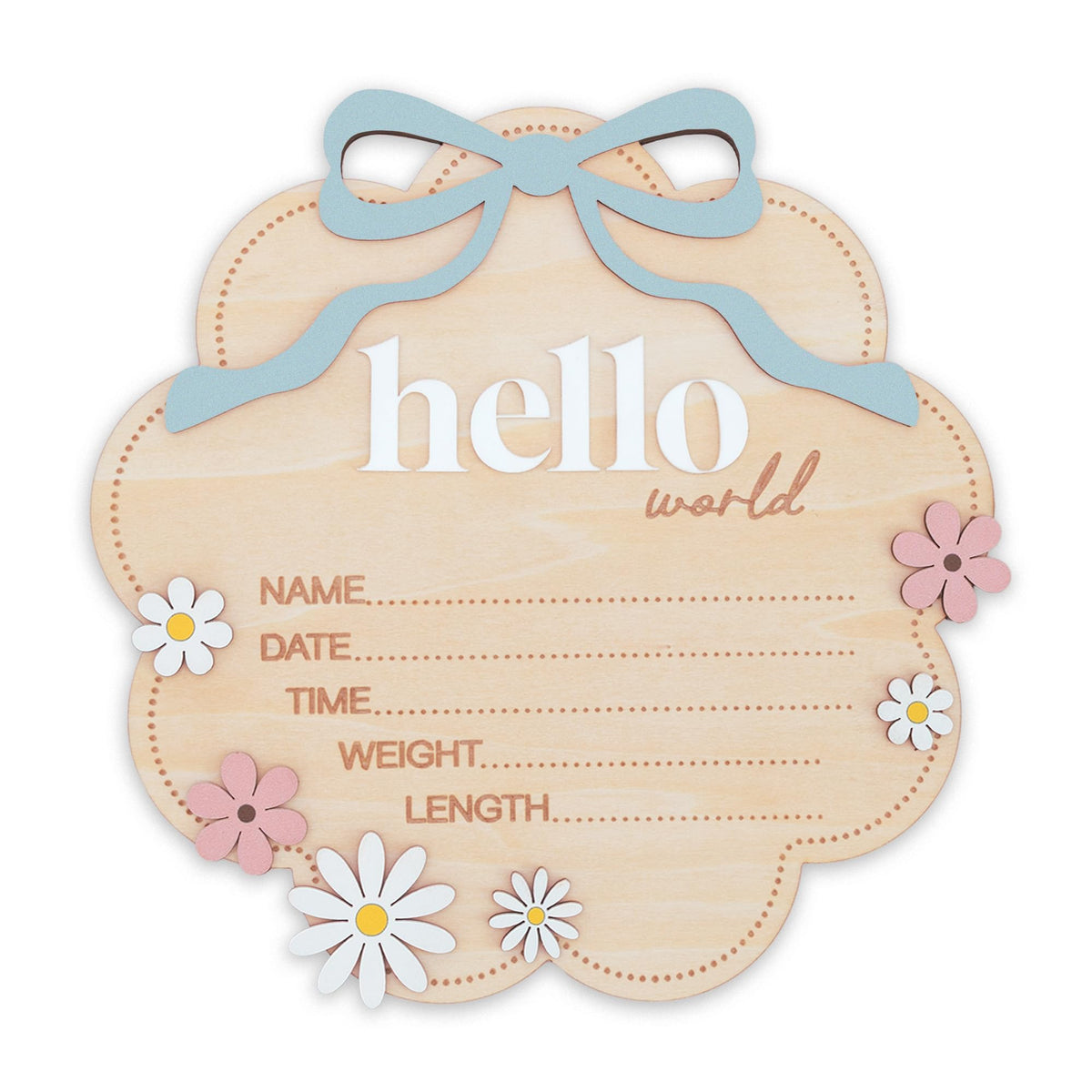 TTMerriwood Hello World sign with pink bow on a cloud shape for baby girl birth announcement.