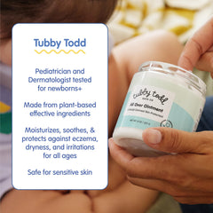 Ingredient close-up shows jojoba esters, camellia leaf extract, and avocado in Tubby Todd All Over Ointment