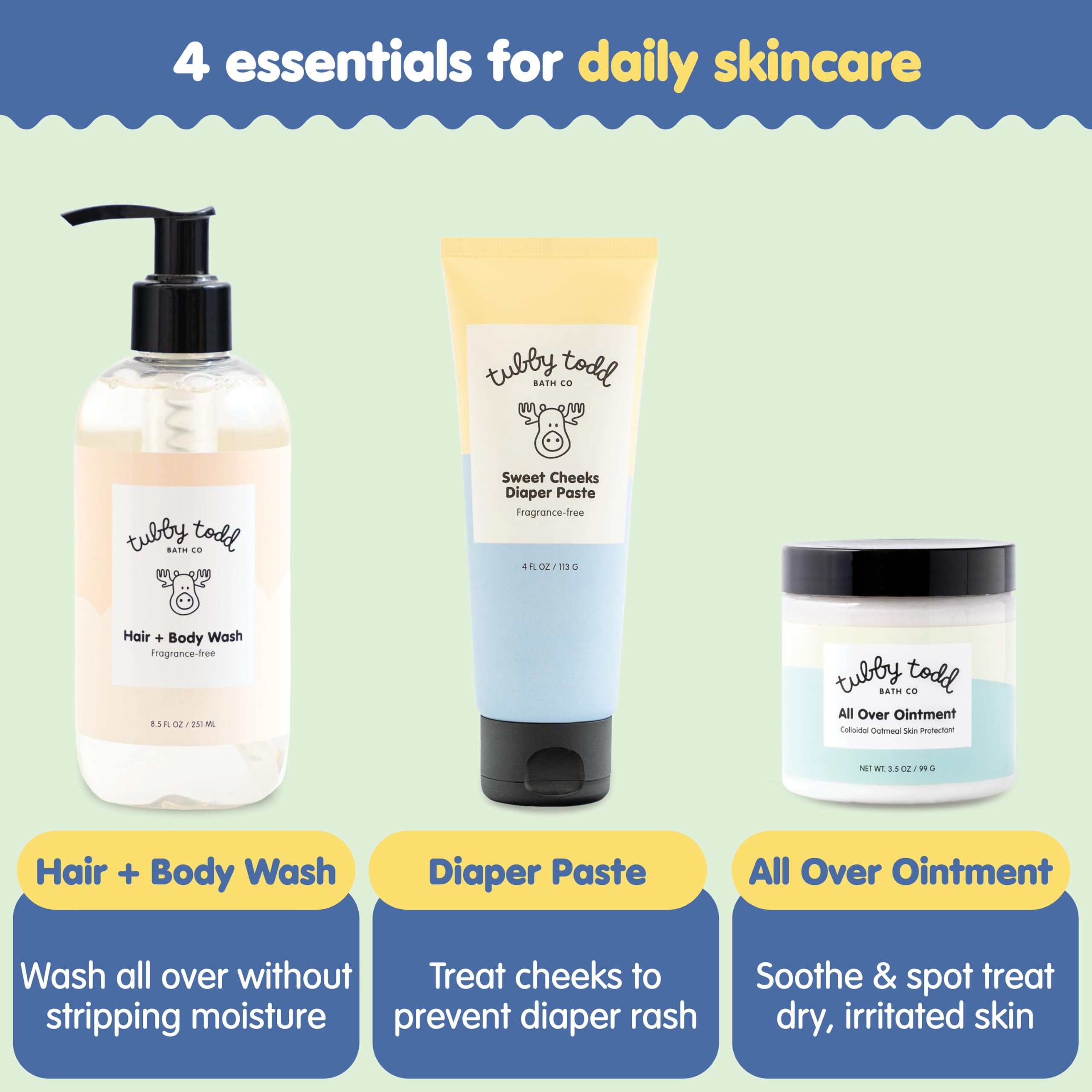 Tubby Todd All Over Ointment cream shows creamy texture with colloidal oatmeal for moisture.