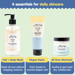 Tubby Todd All Over Ointment cream shows creamy texture with colloidal oatmeal for moisture.