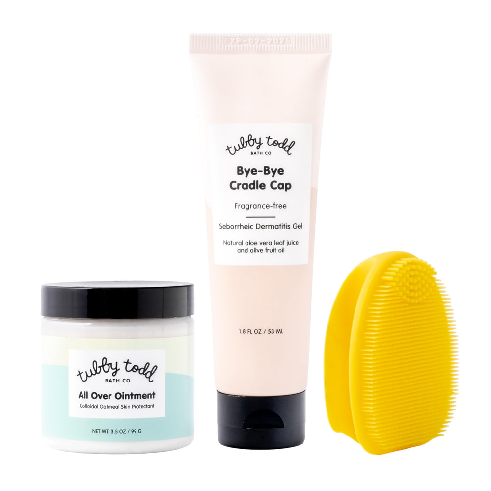 Tubby Todd Bye-Bye Cradle Cap Gel applied to baby's scalp for hydration and fewer flakes