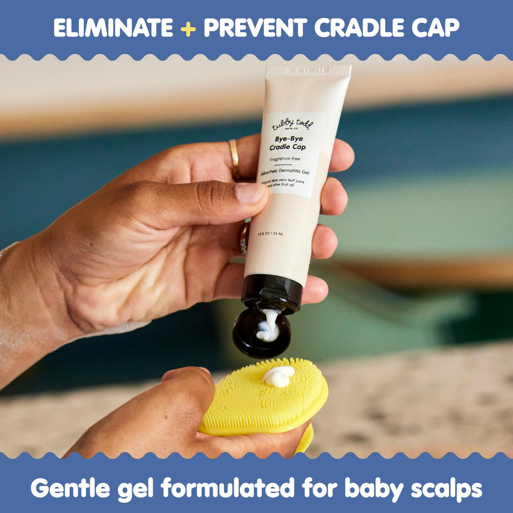 Tubby Todd cradle cap silicone brush gently loosening flakes on scalp