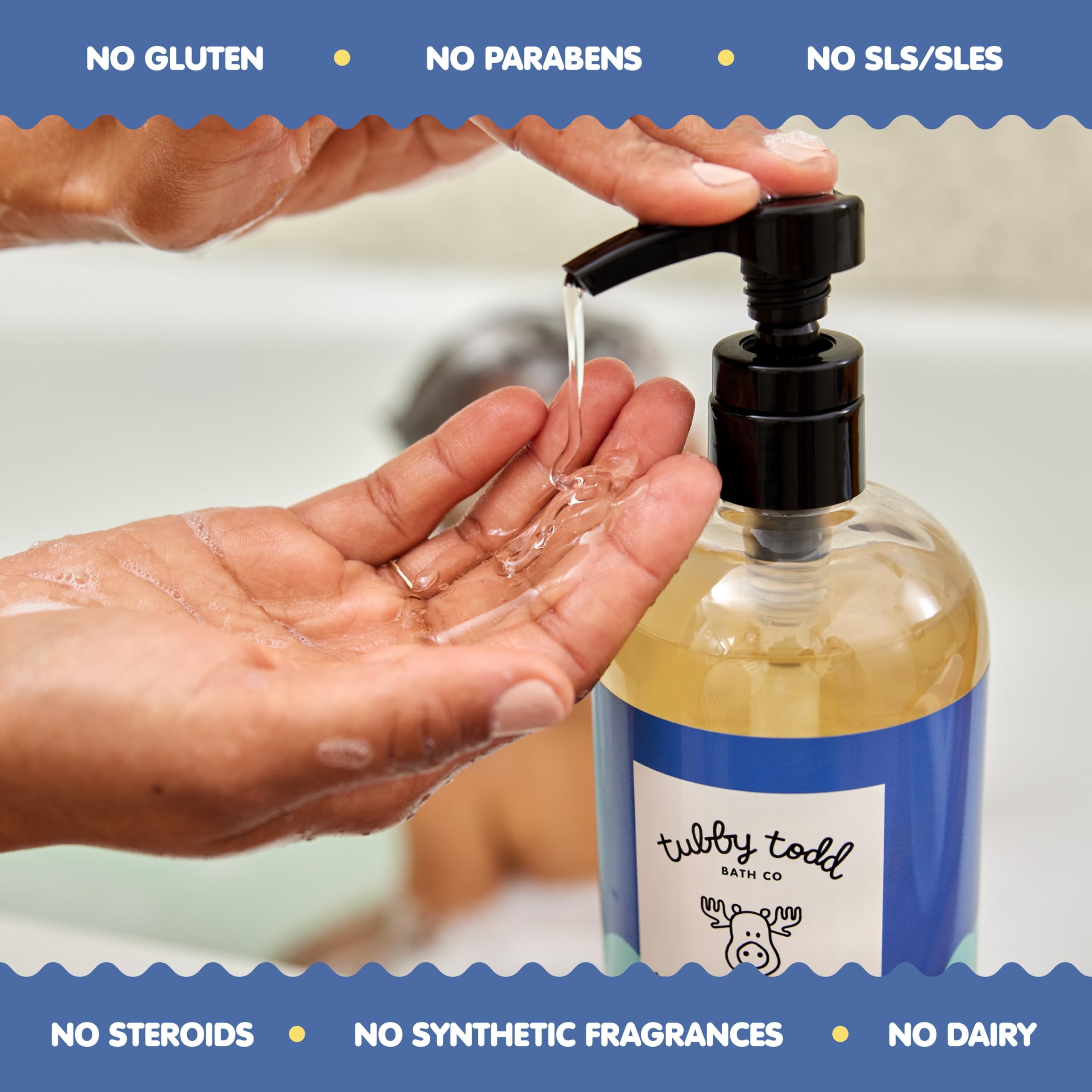 Baby enjoying bath time with lavender rosemary wash in scene.