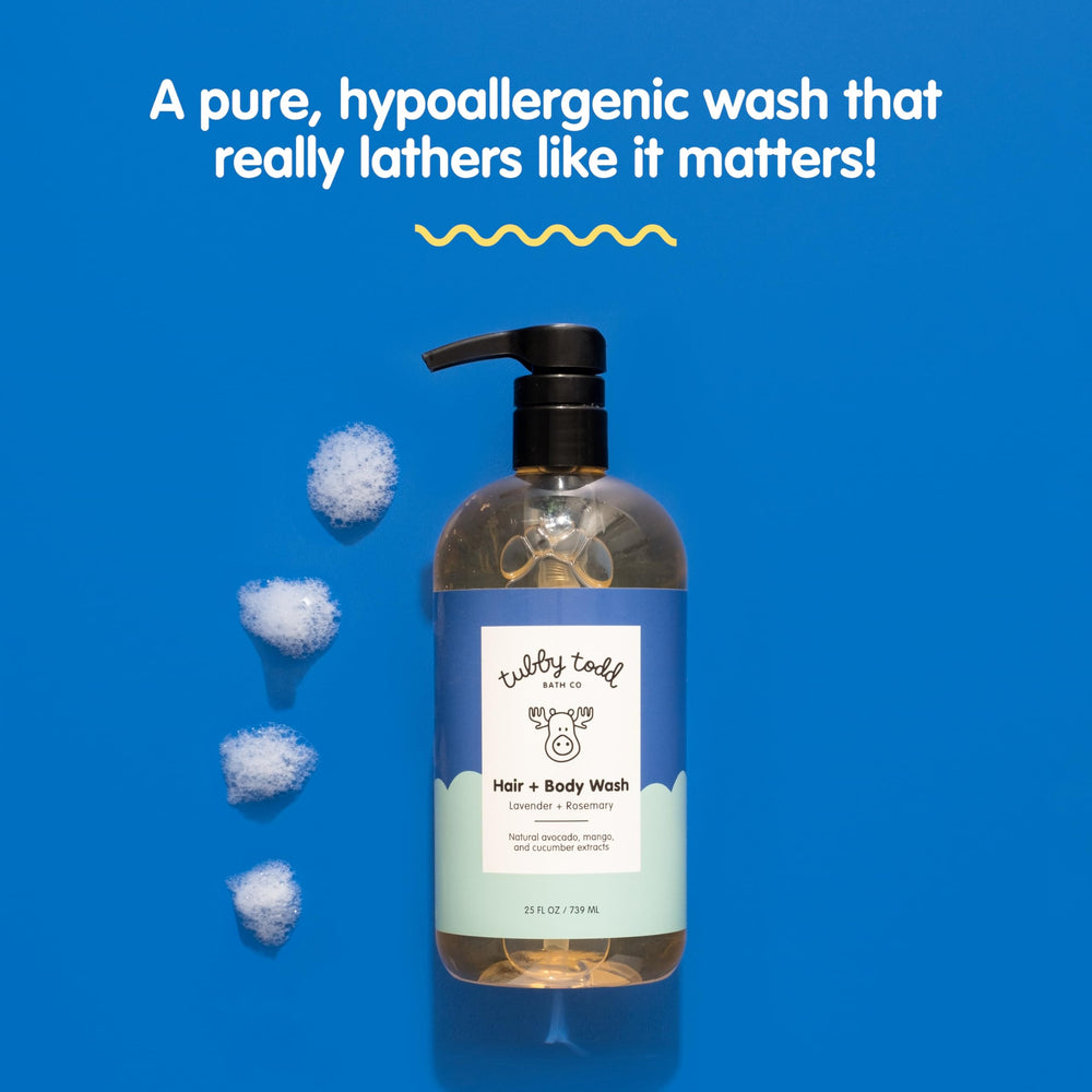 Tubby Todd Hair and Body Wash fragrance-free bottle with gentle cleanse for sensitive skin.