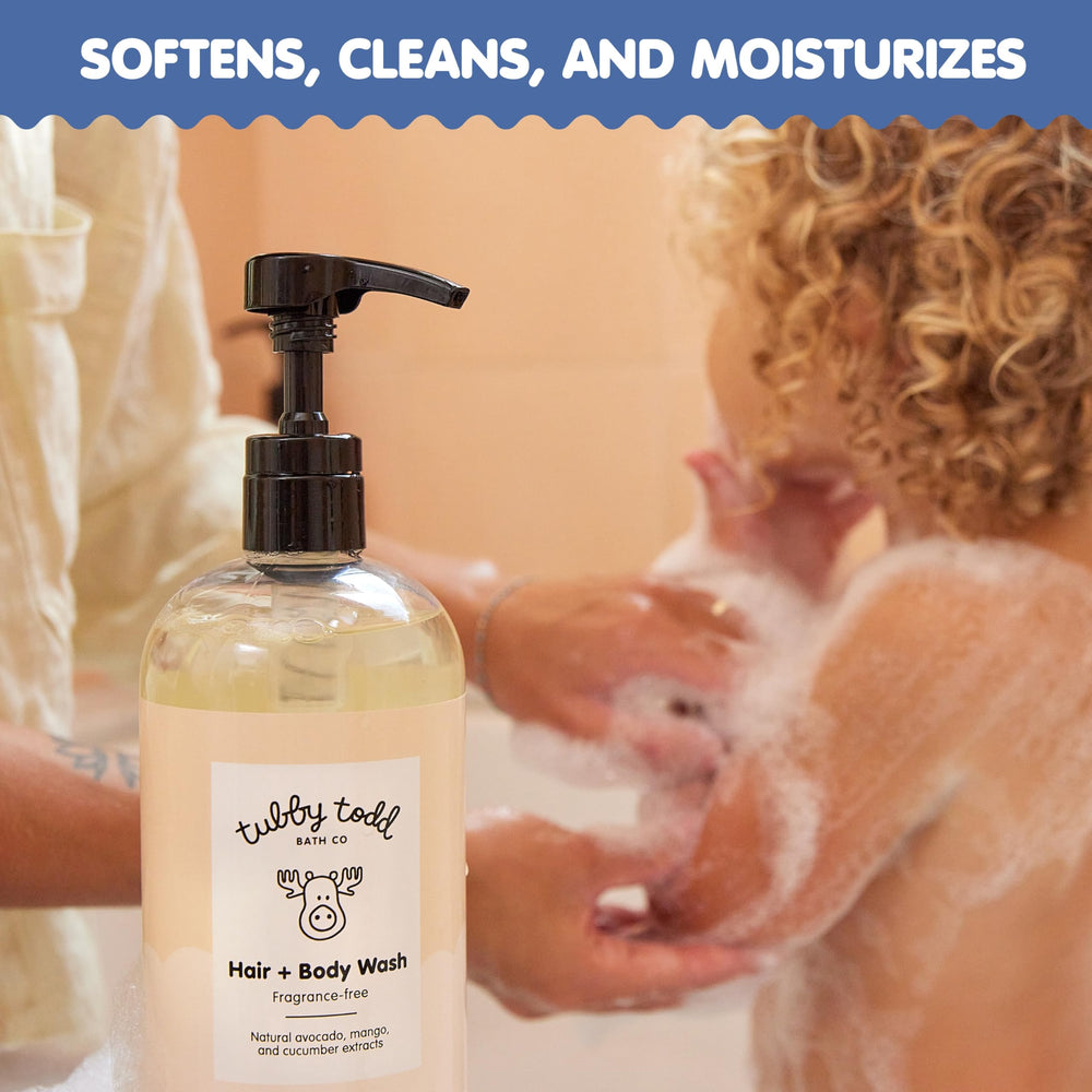 Tubby Todd Hair and Body Wash bottle with rich lavender rosemary lather for baby baths.