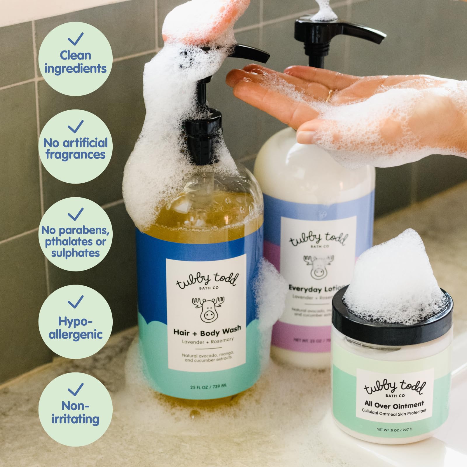 TUBBY TODD Regulars baby skincare set displayed together for bath time routine.