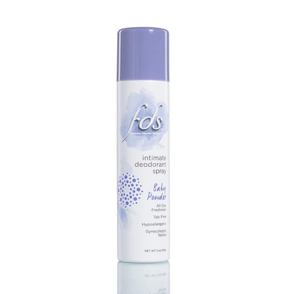 TUKIMA FDS Intimate and Whole Body Dry Deodorant Spray bottle with baby powder scent for all-day freshness.
