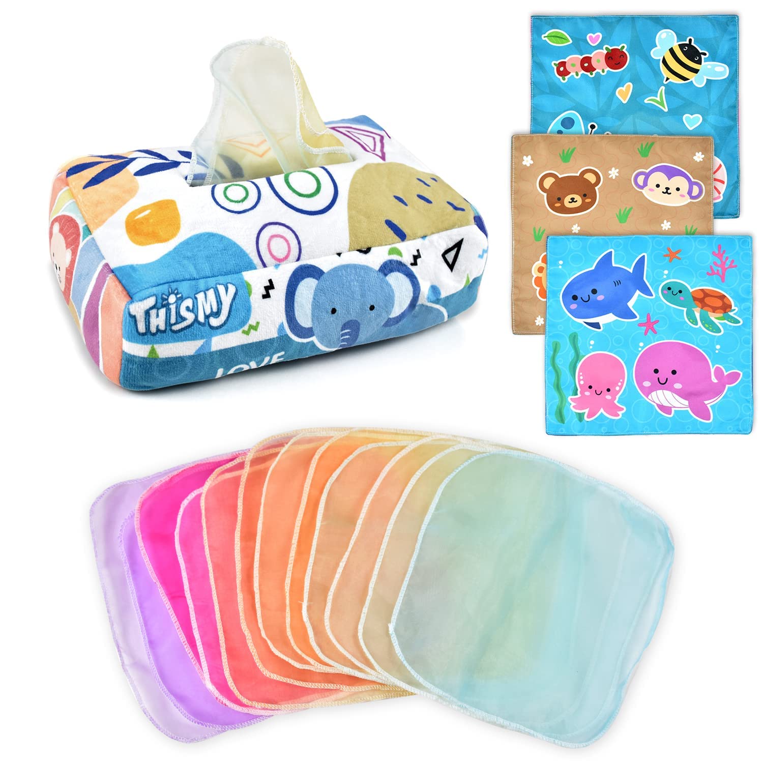 Tuko Baby Tissue Box Toy with crinkle papers boosts tactile exploration.
