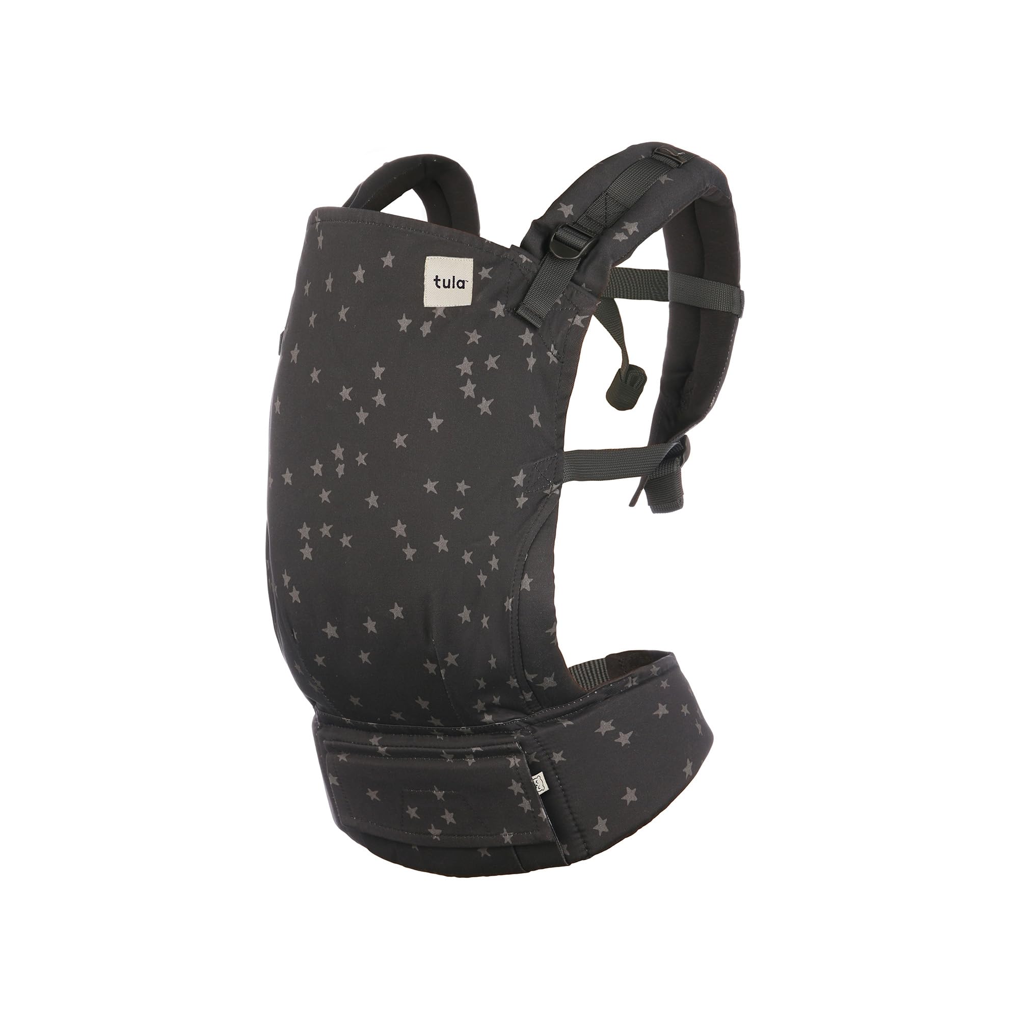 Tula Baby Linen Toddler Carrier Black/Stars, front view with ergonomic support