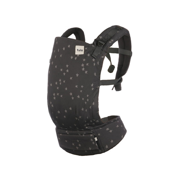 Tula Baby Linen Toddler Carrier Black/Stars, front view with ergonomic support