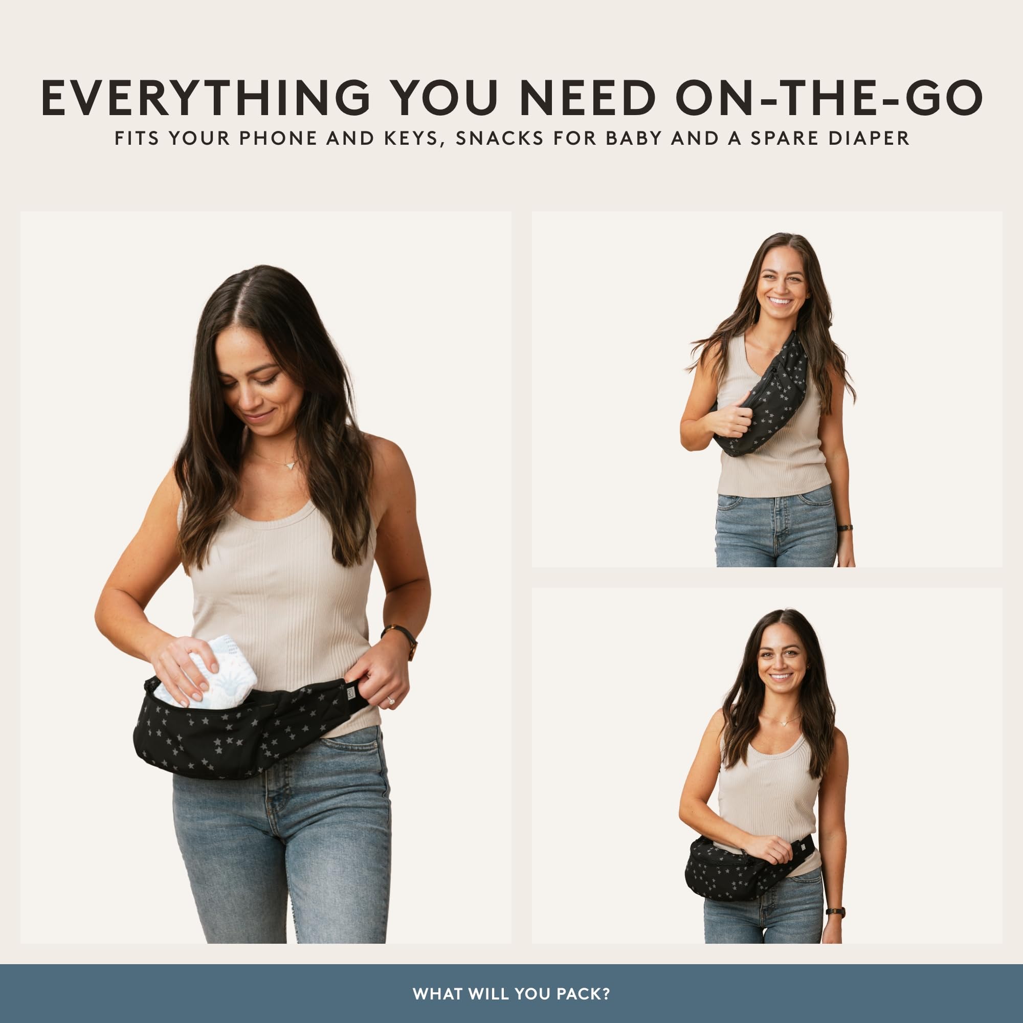 Tula Baby Lite hip pouch storage demonstrated for quick-access essentials on the go.