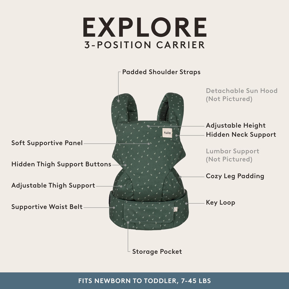 Tula Explore Carrier back carry demonstrates hands free versatility.