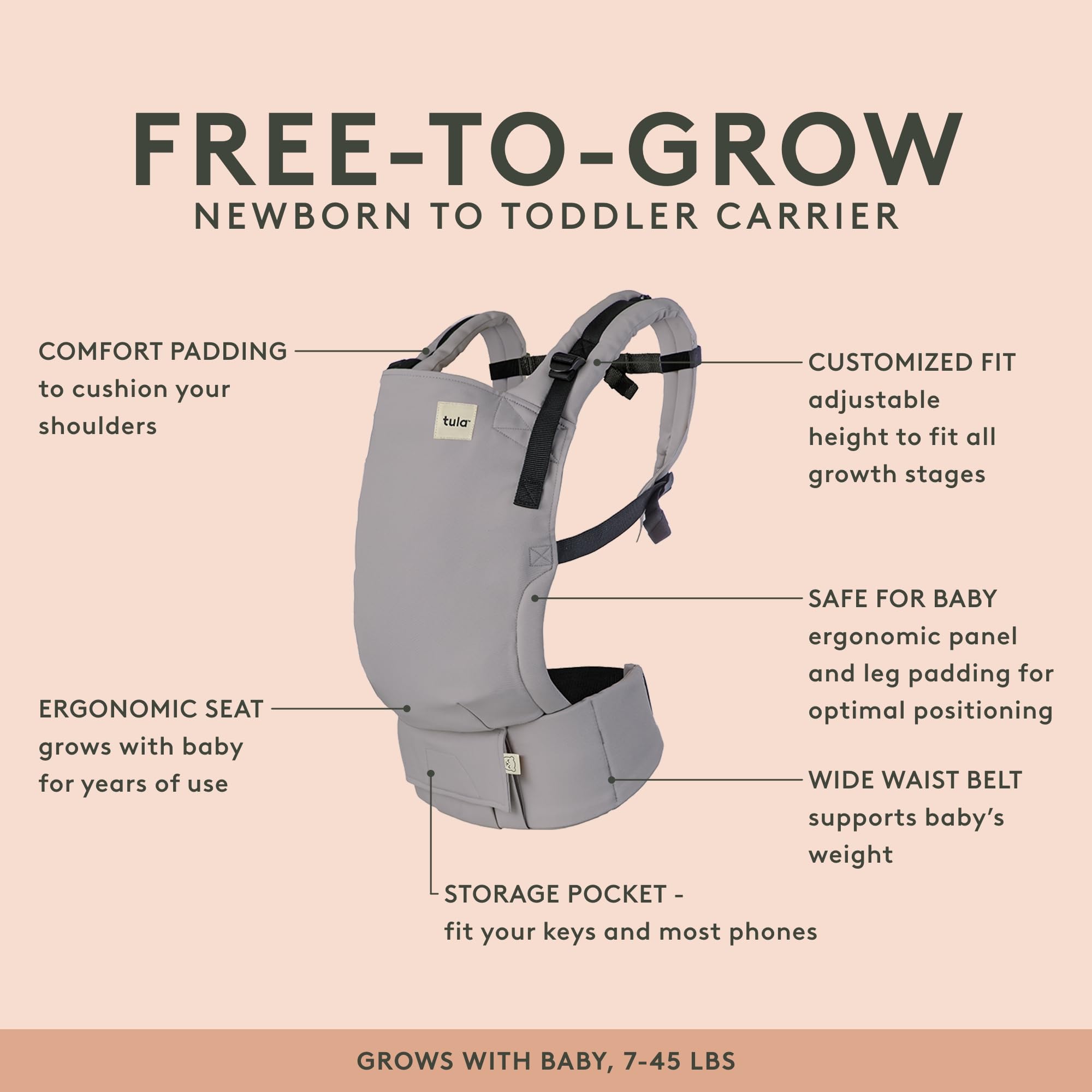 Tula Explore front carry position demonstrates ergonomic hips and spine support
