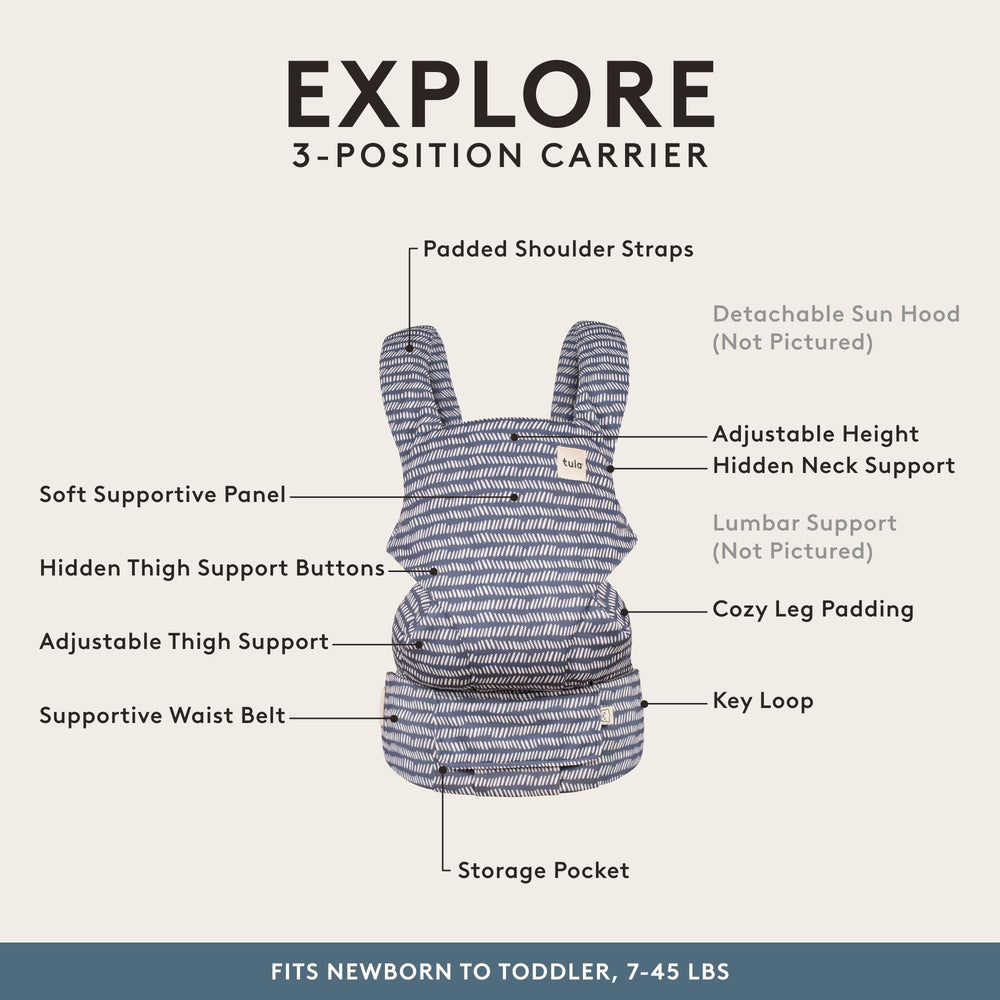 Newborn to toddler support from 7 to 45 lbs with no infant insert.