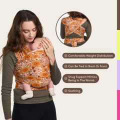 Tula Stretchy Tencel wrap demonstrates ergonomic infant support for everyday carry.