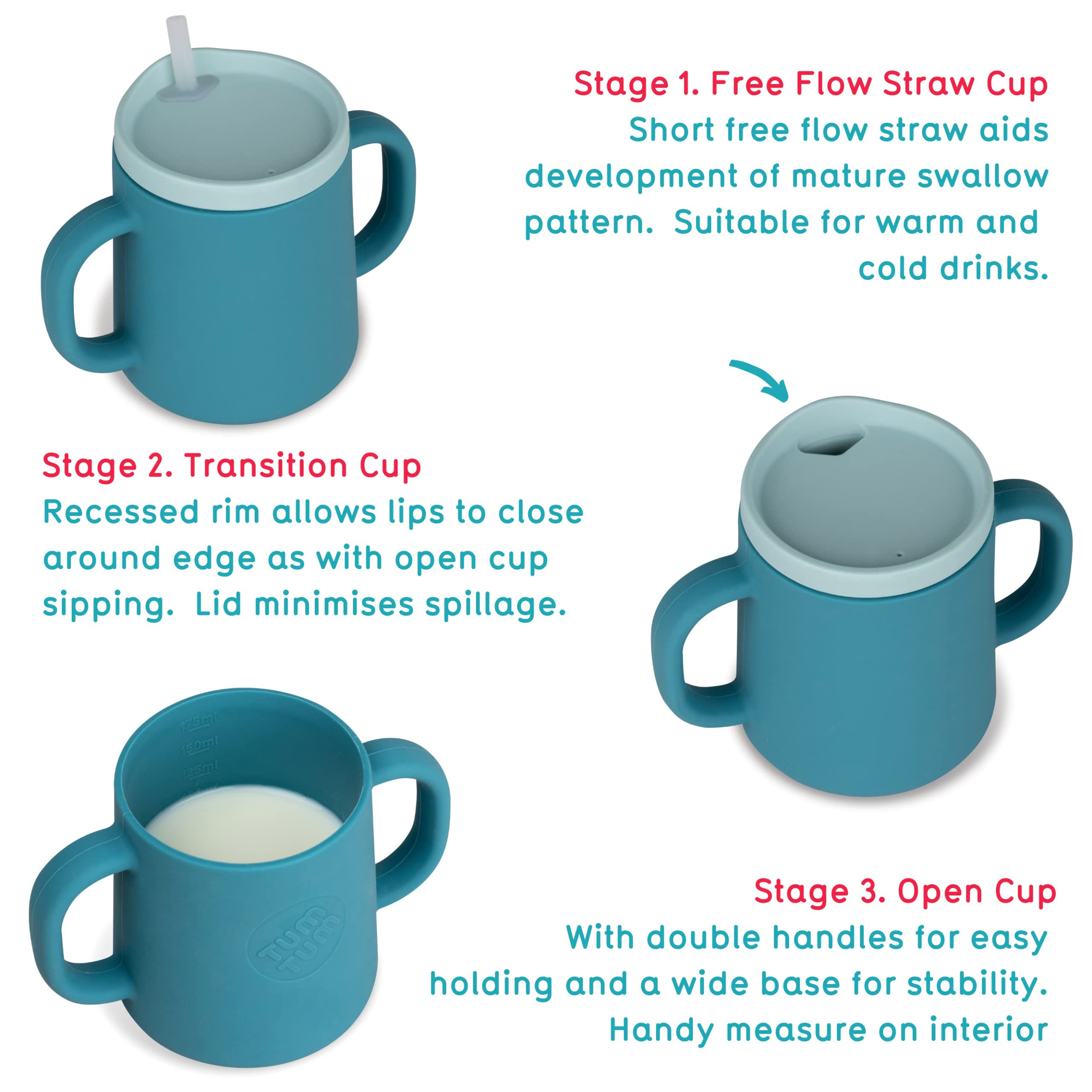TUM TUM 3-Way Trainer Cup free-flow straw with lid supports transitions
