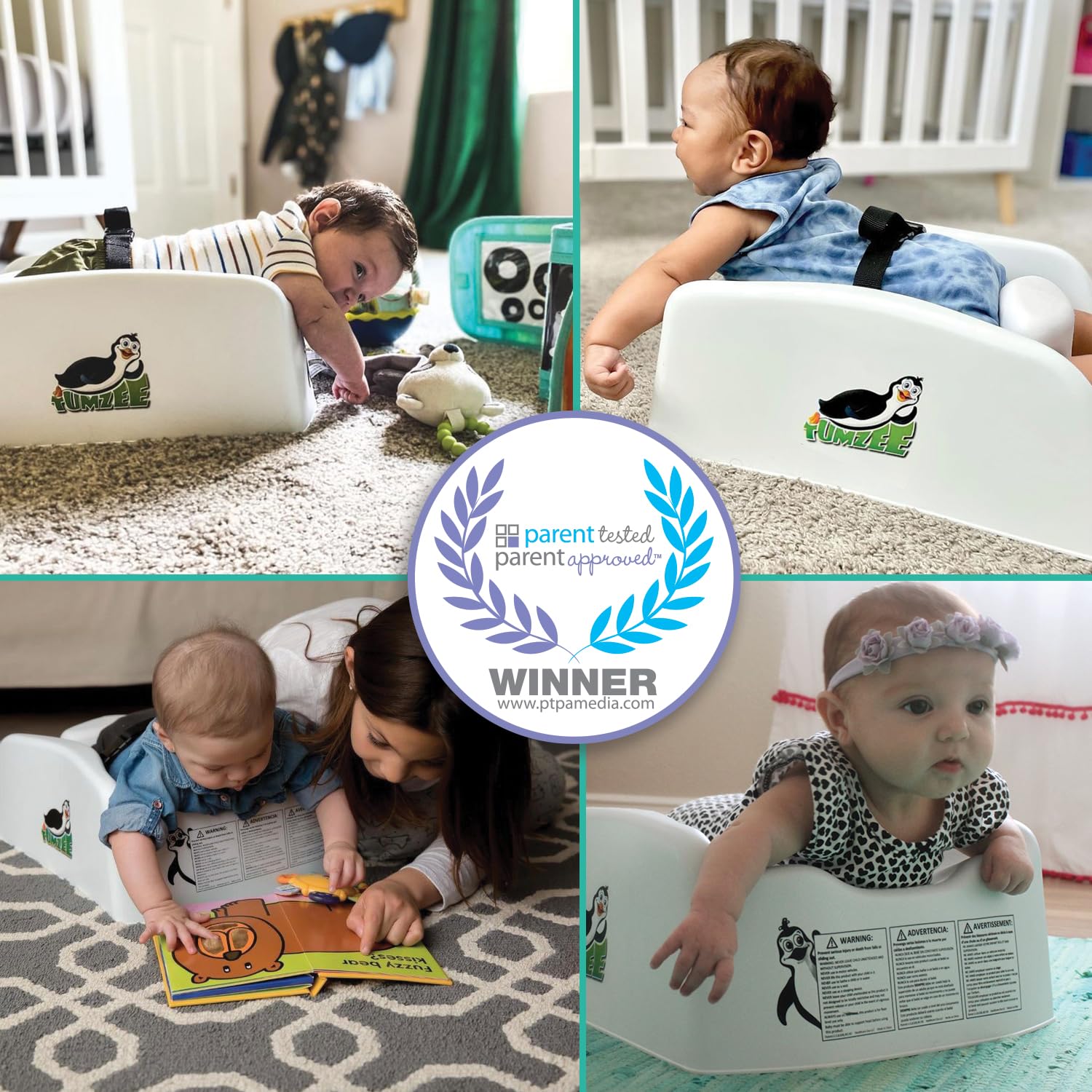 Tumzee Tummy Time Incline Tool stimulates visual and sensory exploration.