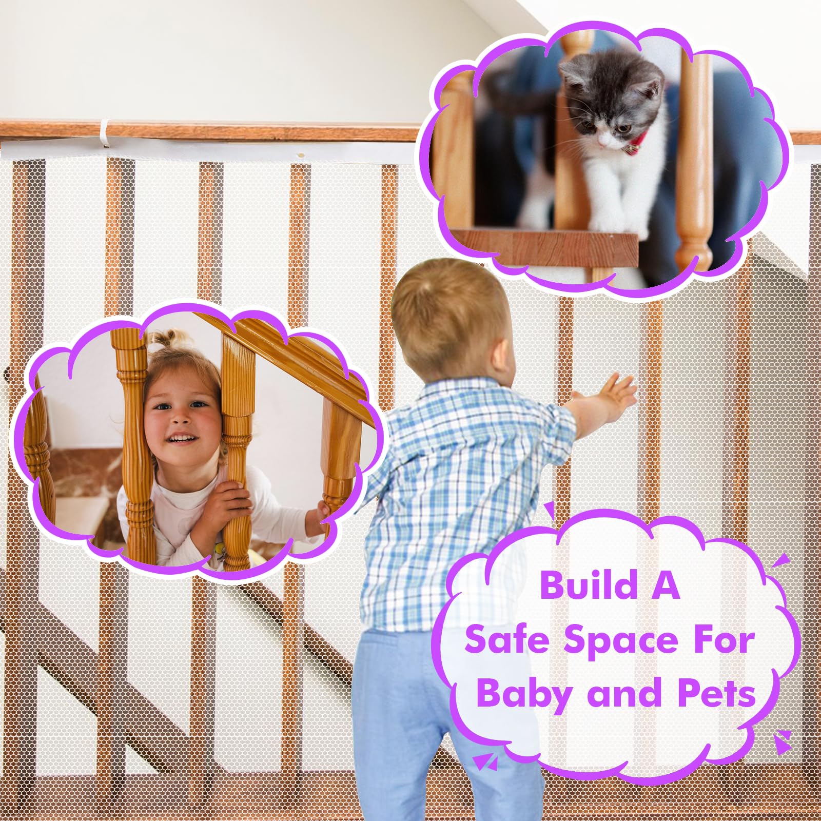 Tupi Banister Guard honeycomb mesh design keeps spaces open and visible.