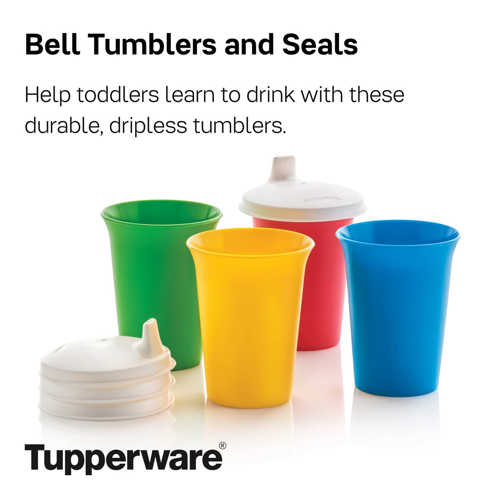 Tupperware Bell Tumbler dripless spout reduces spills during toddler sips.