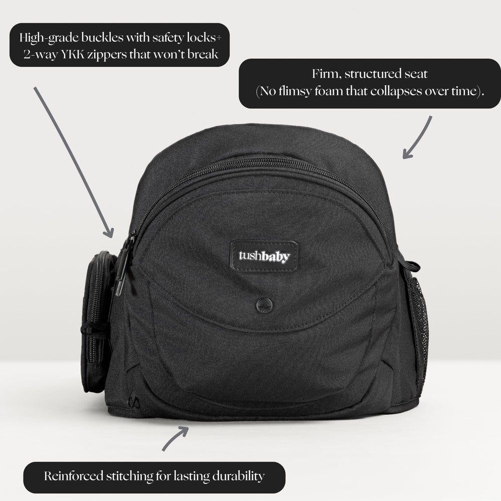 TushBaby four-carry-positions highlight versatile support for growing babies.