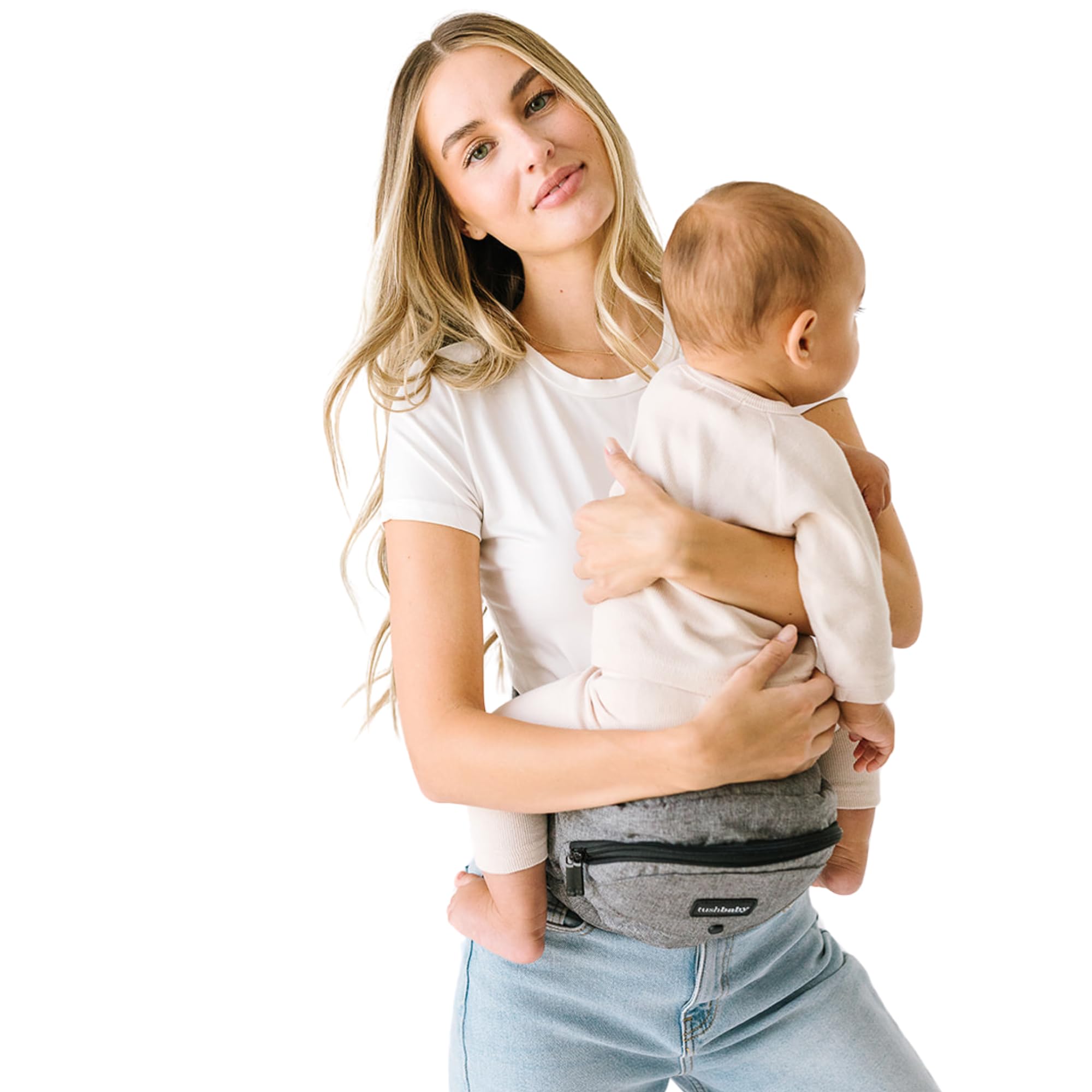 TushBaby Original hip seat carrier provides ergonomic support for caregivers on the go
