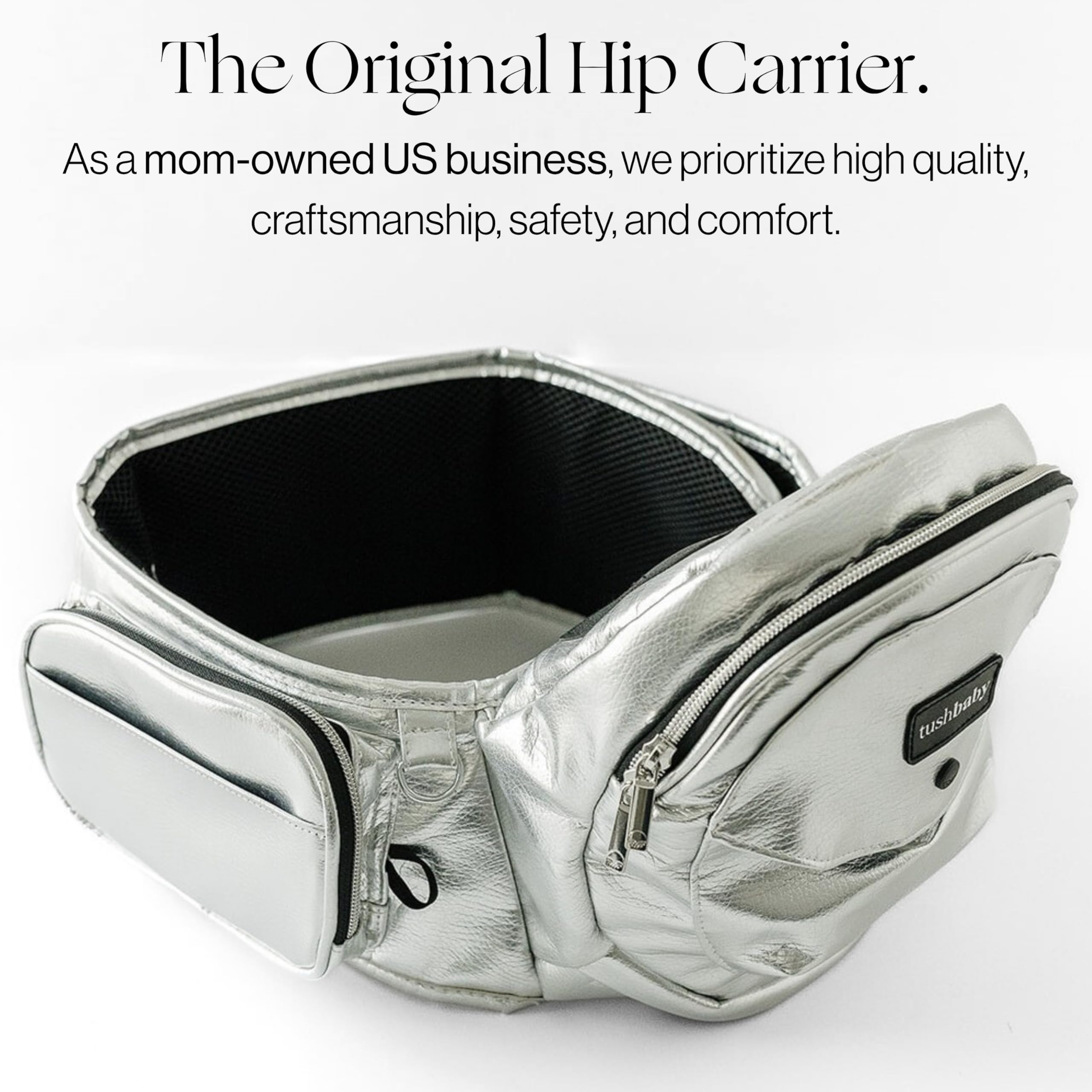 Close-up of TushBaby safety buckles for quick, secure fastening.
