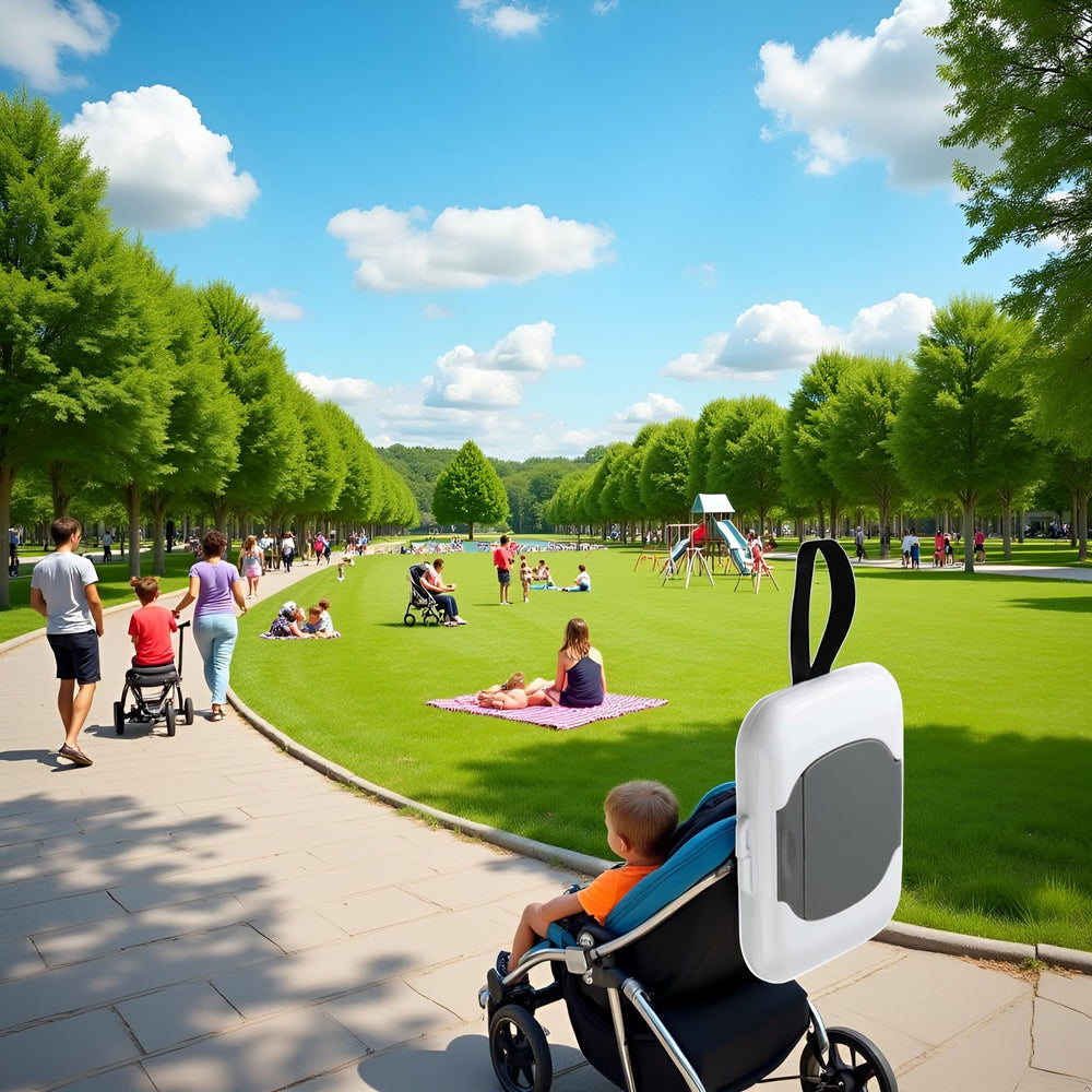 Tustao Gray Travel Wipe Holder hanging strap attached to a stroller