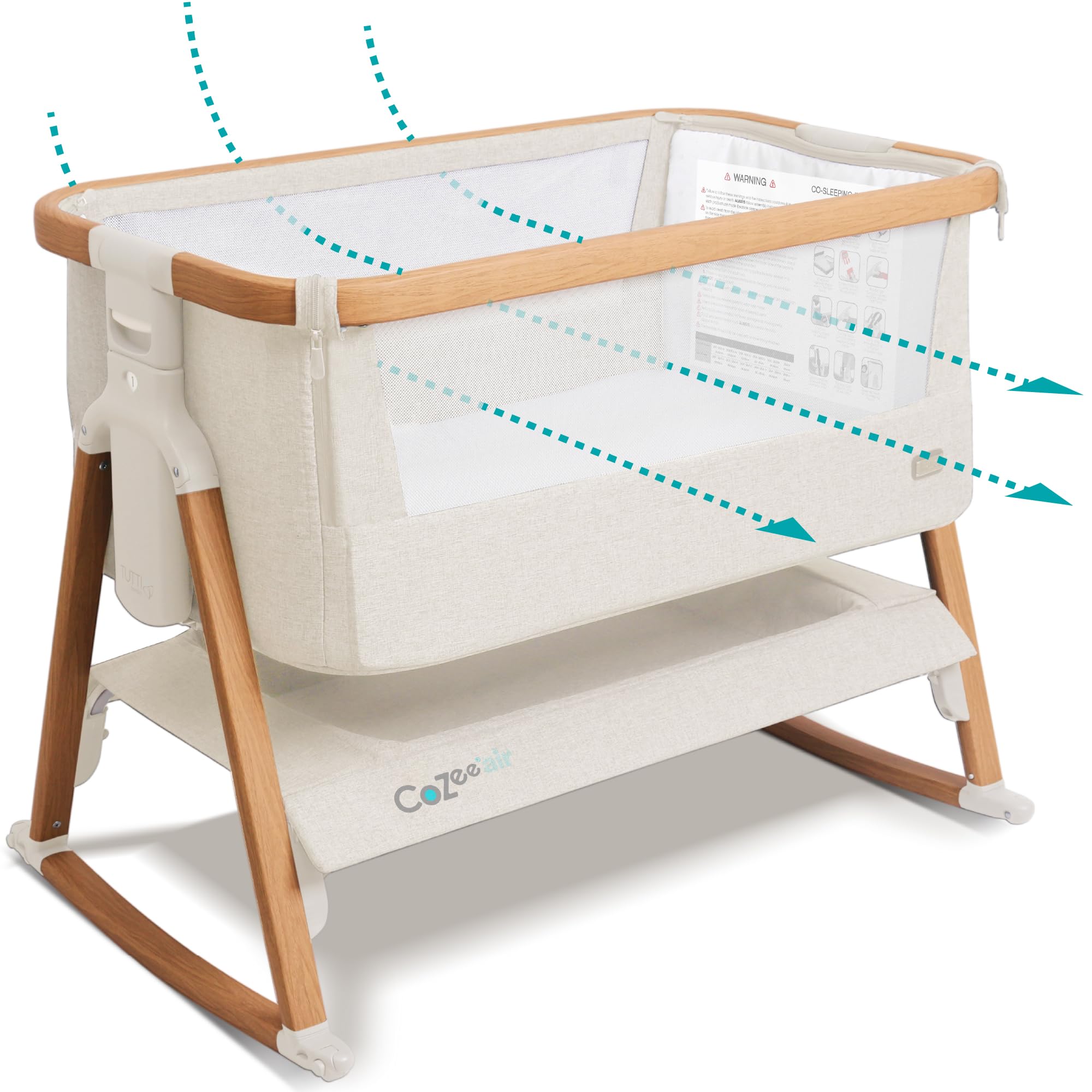 Tutti Bambini CoZee Air bassinet assembled in walnut and ecru for bedside use.
