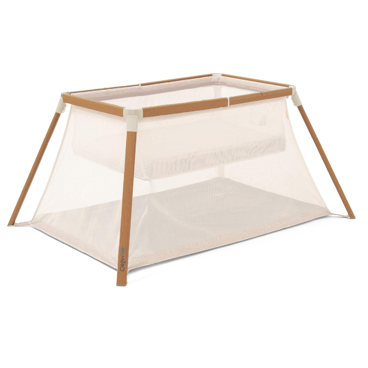 Tutti Bambini CoZee Go bassinet folding in walnut for quick setup.